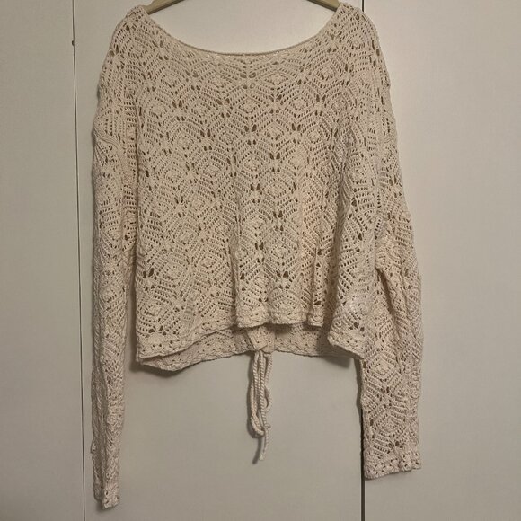American Eagle Crochet Tie-Back Sweater, Cropped, Cream, Size L - Picture 6 of 8